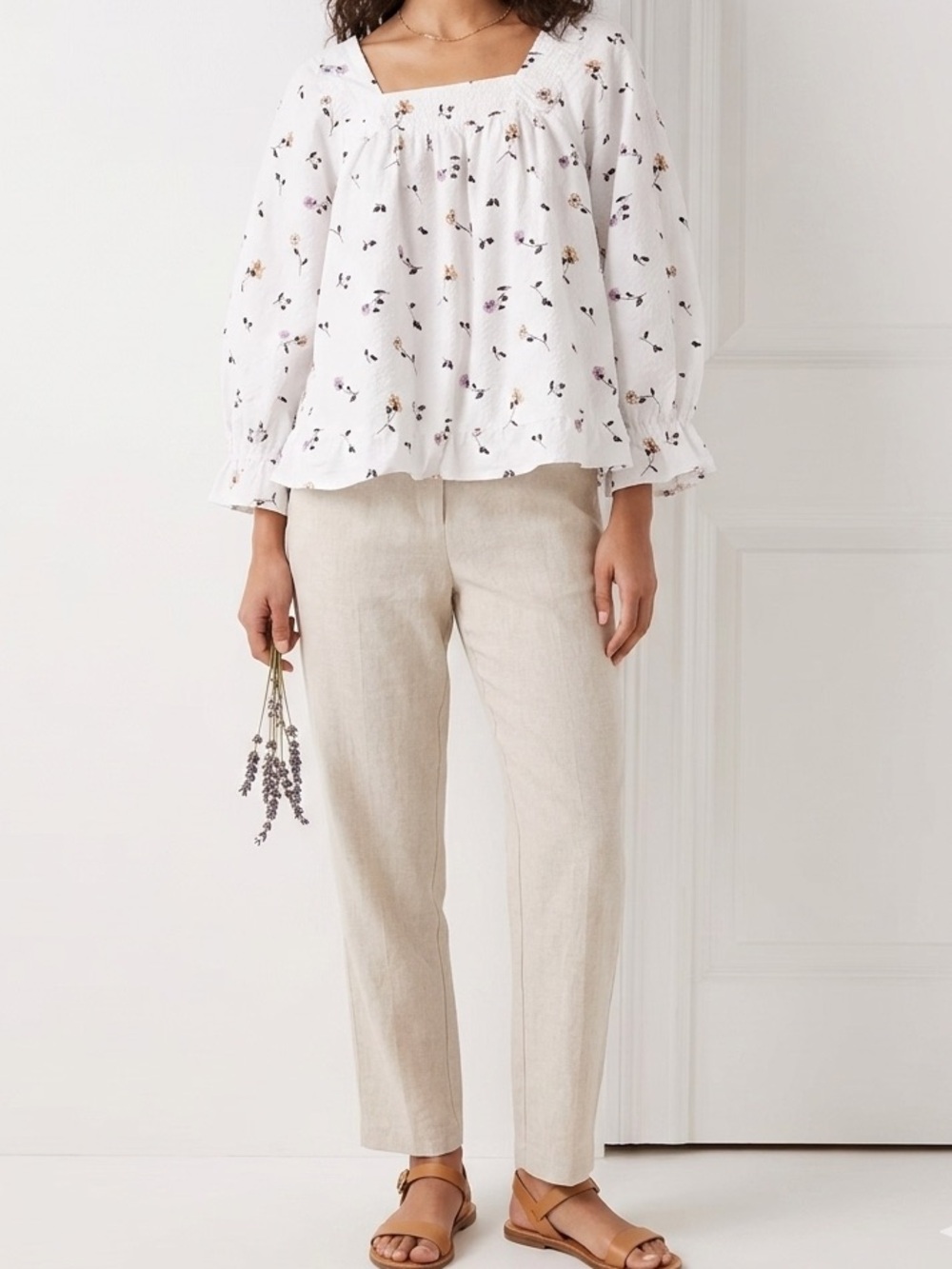 Madewell White Floral Blouse with Pink & Mustard Accents